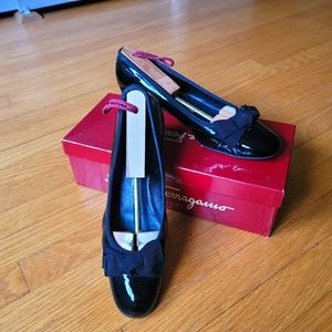 Ferragamo, black patent leather, low-heeled pumps, size 9, previously owned.
